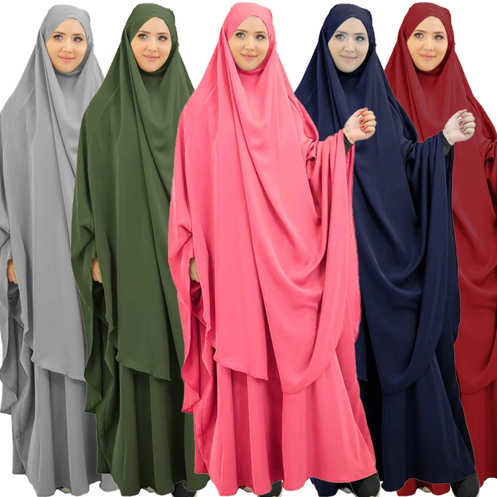 

2 Pieces Set Ramadan Eid Hooded Prayer Garment Muslim Women Dress Niqab Abaya Khimar Caftan Scarf Kaftan Overhead Islam Clothing