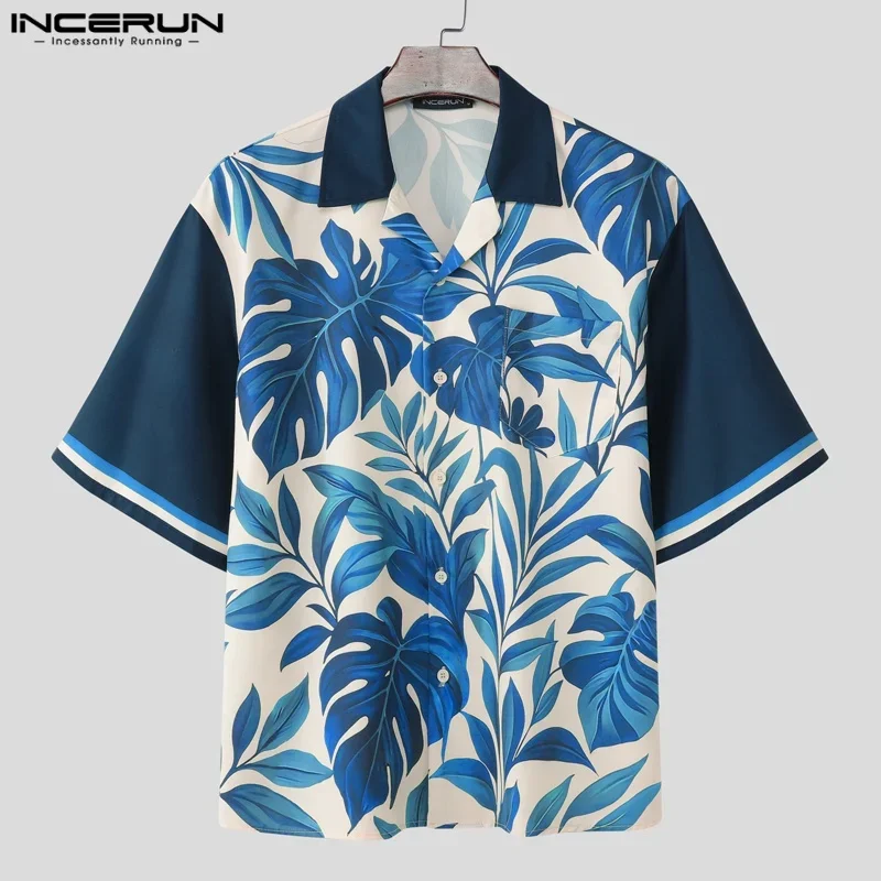 

INCERUN Мужская рубашка с принтом в стиле пэчворк, уличная одежда с короткими рукавами, мужские рубашки, свободные 2021, повседневная мужская одежда для отпуска, летняя одежда