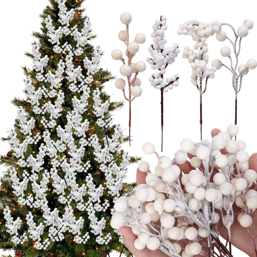 40/4PCS Artificial White Berries Stems Christmas Berry Branches Fake Fruit Flowers DIY Wedding Party New Year Home Decorations
