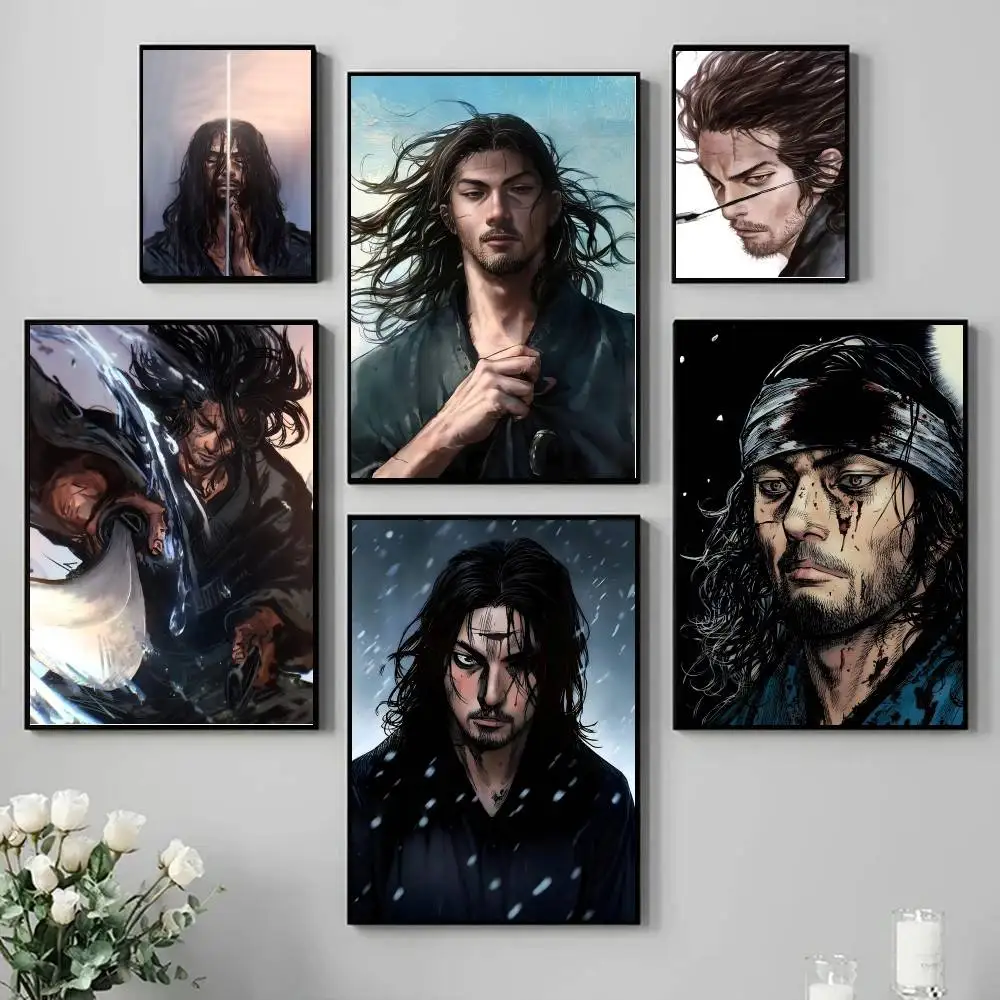 Vintage Manga Miyamoto Musashi V-Vagabond Poster Self-adhesive Art Waterproof Paper Sticker Coffee House Bar Room Wall Decor