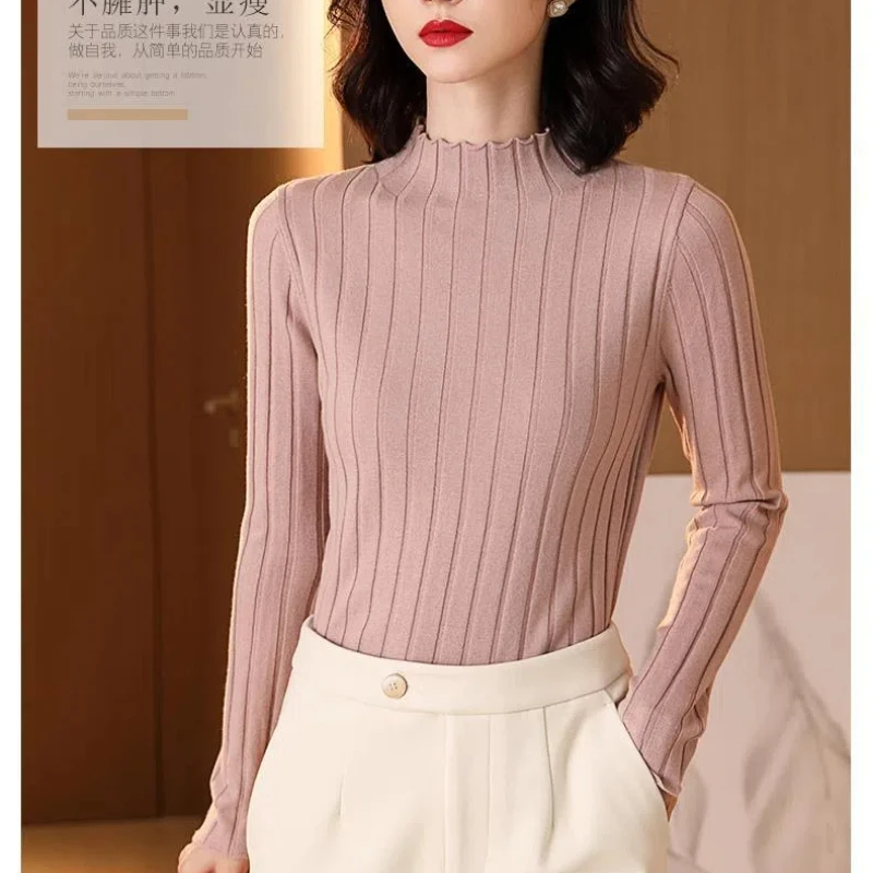 Sweter rajut lengan panjang wanita, Atasan kemeja dasar rajut Mode Korea 3D polos leher palsu musim gugur/dingin