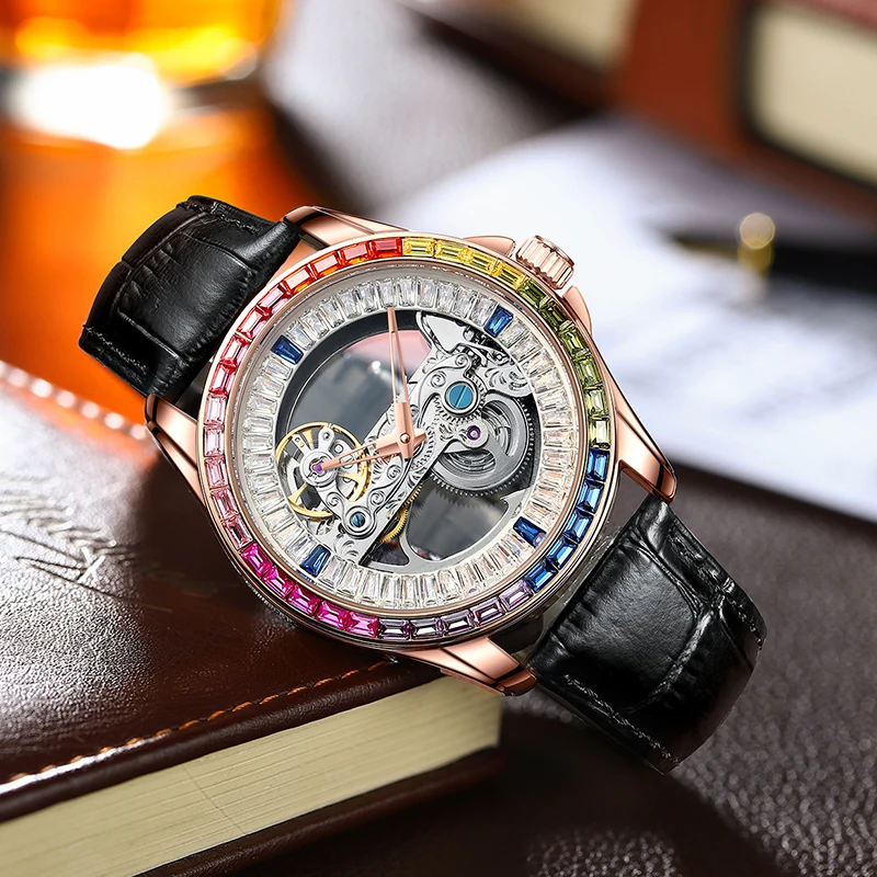 Reloj Mecánico ahuecado para hombre, pulsera automática de cuero para negocios, con incrustaciones de diamantes de arcoíris de lujo, a la moda,