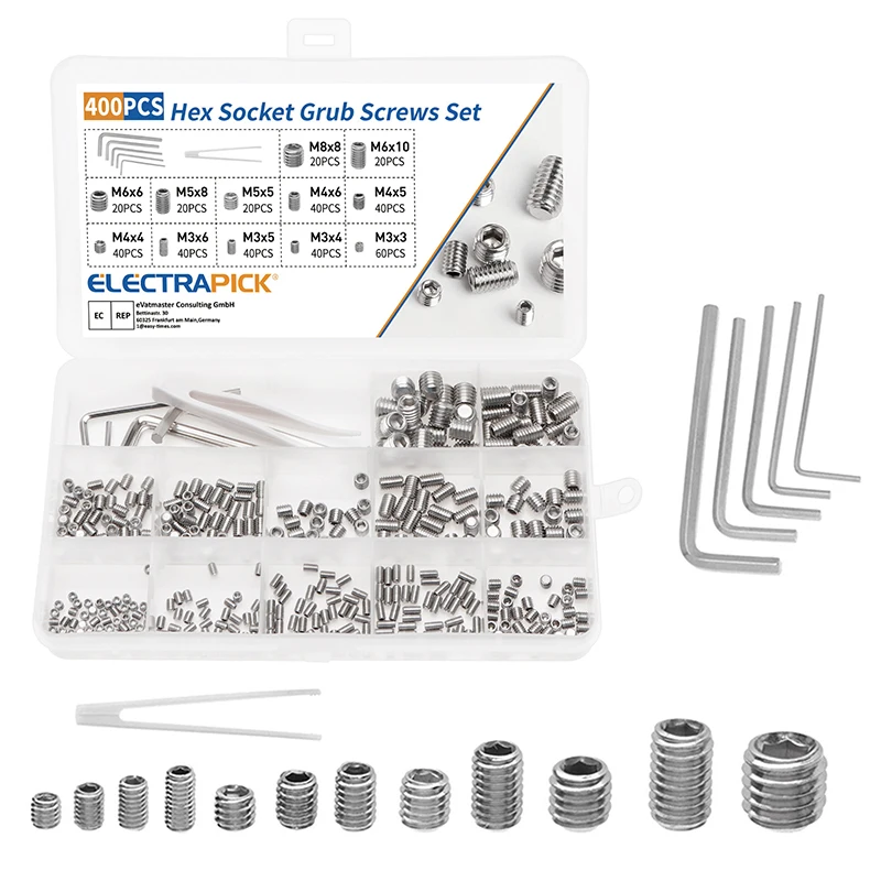 

ELECTRAPICK 400pcs Allen Head Socket Set Screw Flat Point Grub Screw M3 M4 M5 M6 M8 Cup Point Stainless Steel Headless