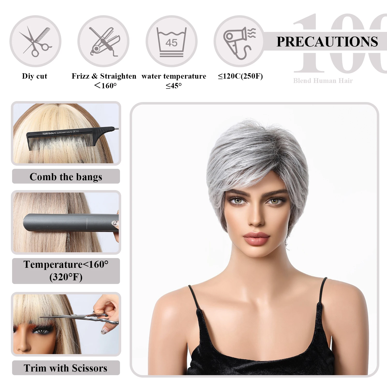 Short Pixie Cut Human Hair Blend Wigs for Women Silver Gray Platinum Layered Bob Blend Human Hair Wigs with Bang Women Daily Wig