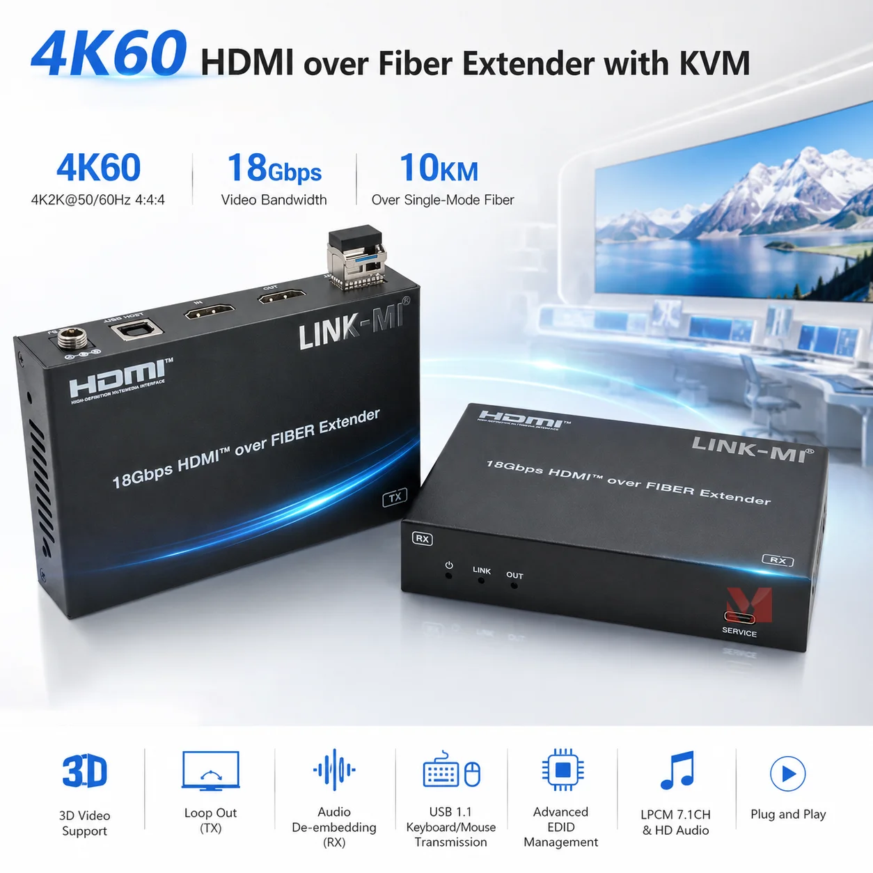 4K60 HDMI Fiber Extender KVM 10KM HDMI over Fiber Extender 18Gbps HDCP2.2 USB Keyboard Mouse HDR HDMI 2.0b