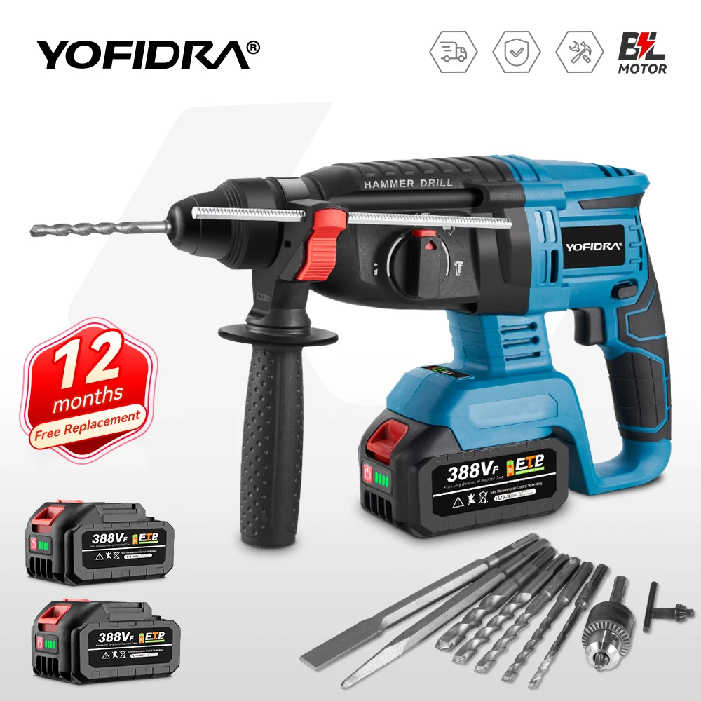 YOFIDRA 26mm Cylinder Brushless Motor Electric Hammer Drill with Drill Bits.for Makita 18V Battery Cordless Impact Rotary Drill