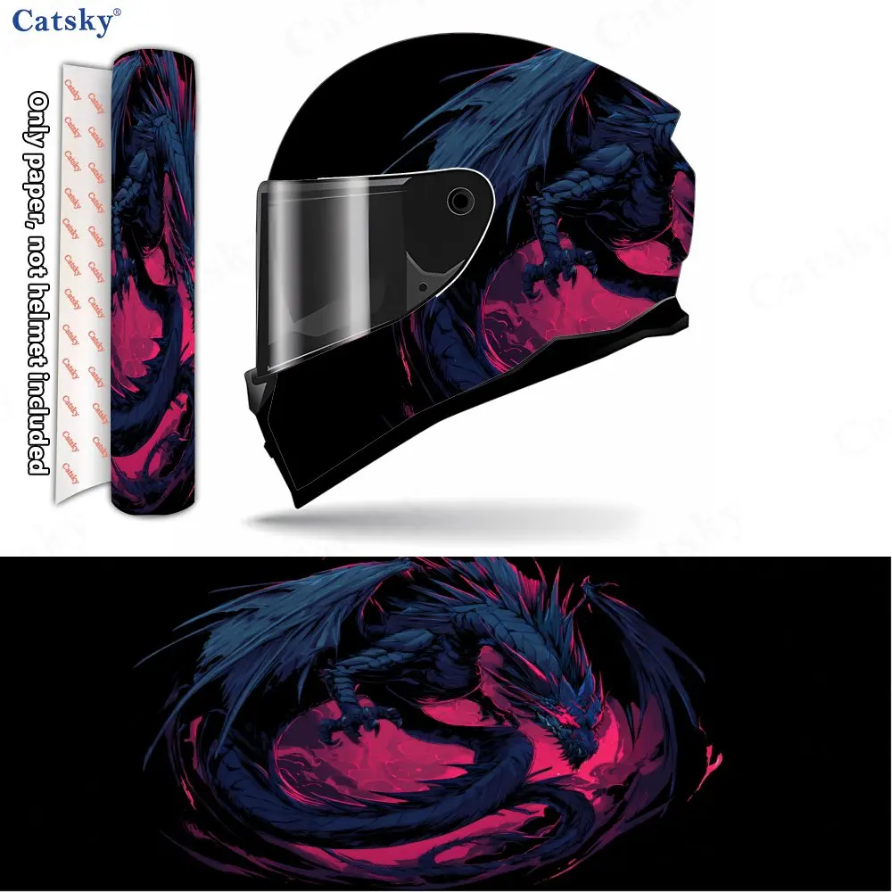 

Neon Pink Clouds and Deep Blue Dragon Helmet Vinyl Wraps, Waterproof Scratch-Resistant Full Face Helmet Decals, Durable PVC Deco