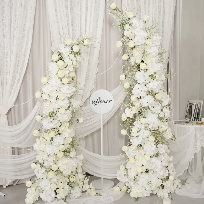 5D Luxuriöser weißer Rosen-Hortensien-Hochzeitsbogen, individuell anpassbare künstliche Blumenreihe, Ständer, Bogen-Dekorationen, Blumenschmuck