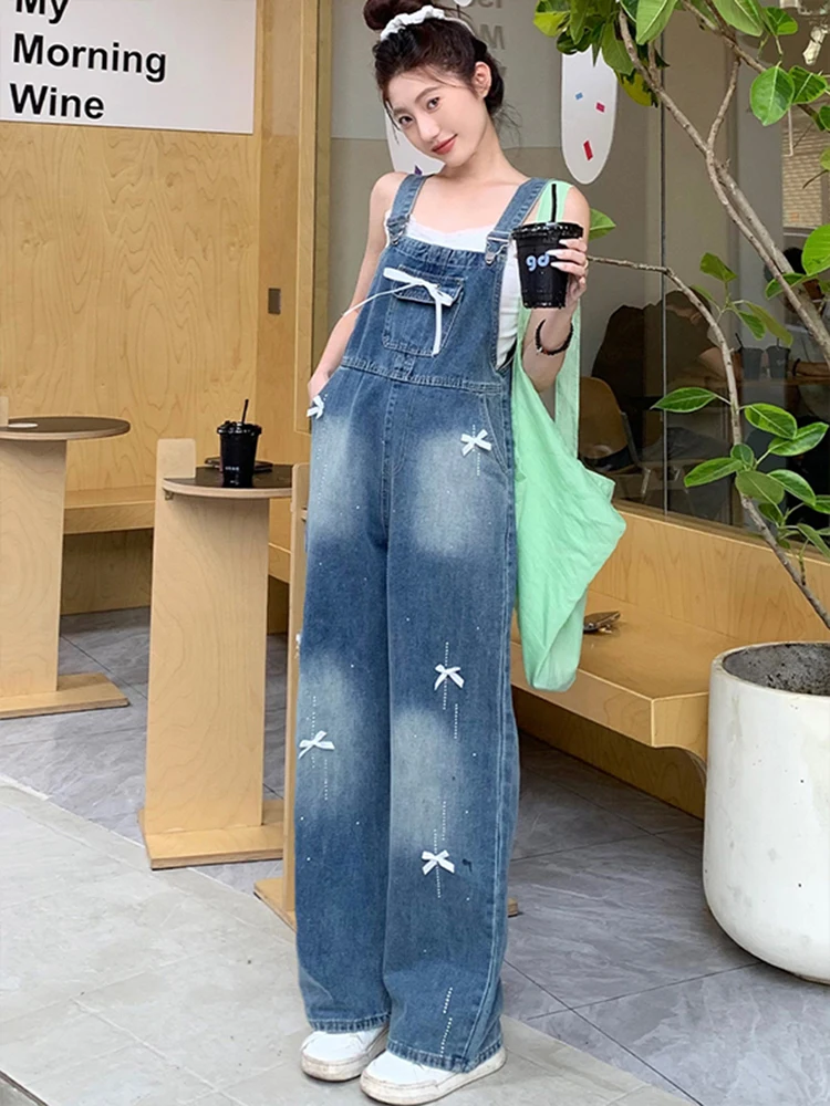 Retro Blue Bow Rhinestone Denim Overalls Women Korean Style Versatile High Waist Wide Leg Jeans New Casual Straight Jumpsuits