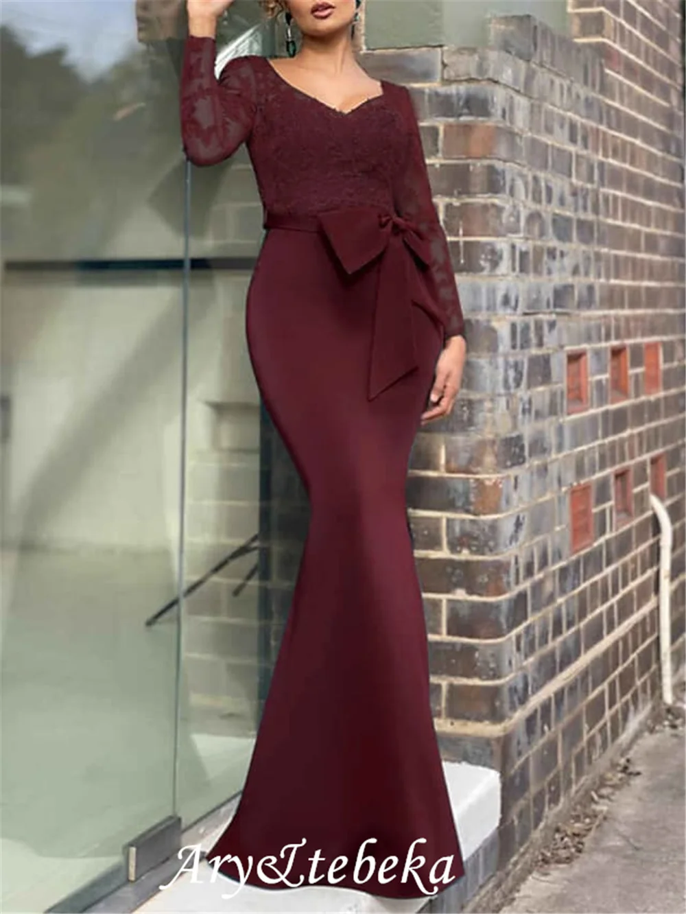 Meerjungfrau Mutter der Braut Kleid Elegante Sexy V-ausschnitt Bodenlangen Spitze Stretch Chiffon Lange Hülse mit Bogen (s) appliques