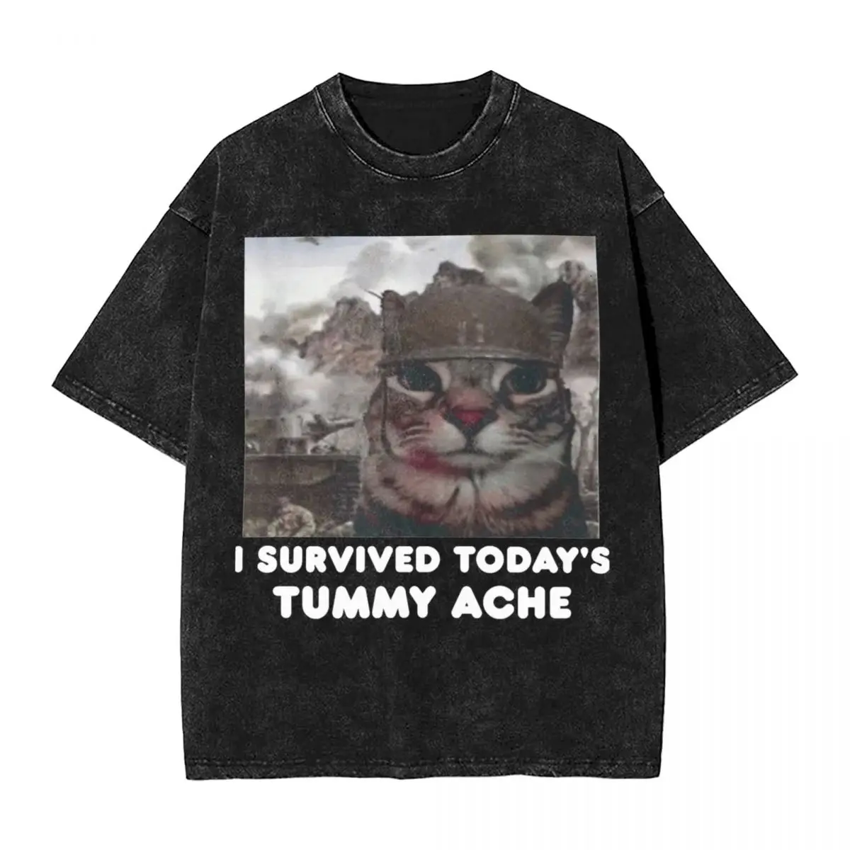 I Survived Today's Tummy Ache Meme Cat T Shirts Hip Hop Washed Cotton Harajuku T-Shirts Vintage Men Women Streetwear Tee Shirt