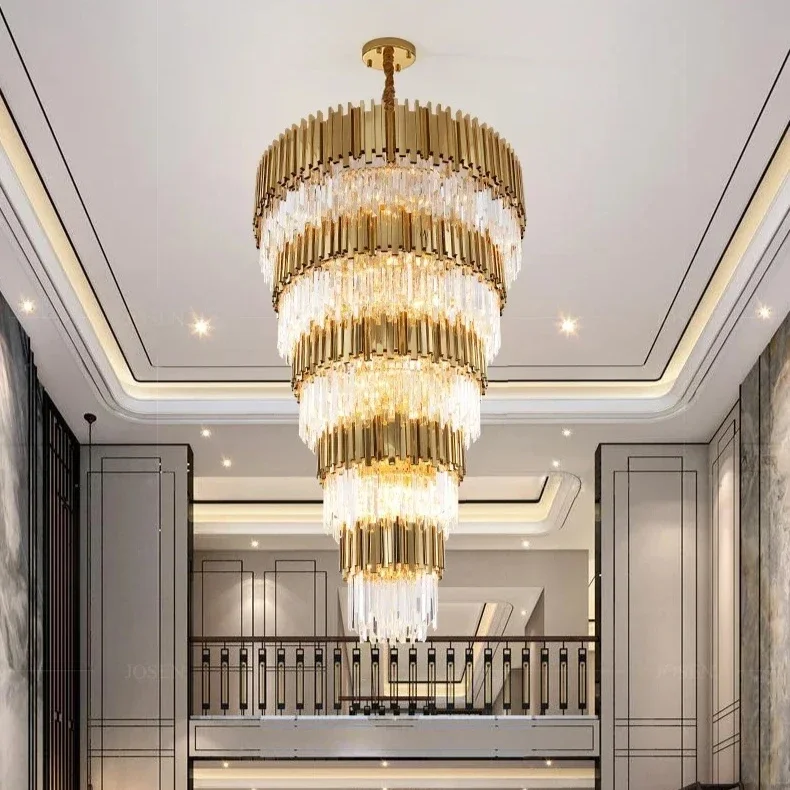 Large Hollow Crystal Chandelier Staircase Lights Luxury Duplex Villa Hotel Living Room Lobby Hanging Lamp