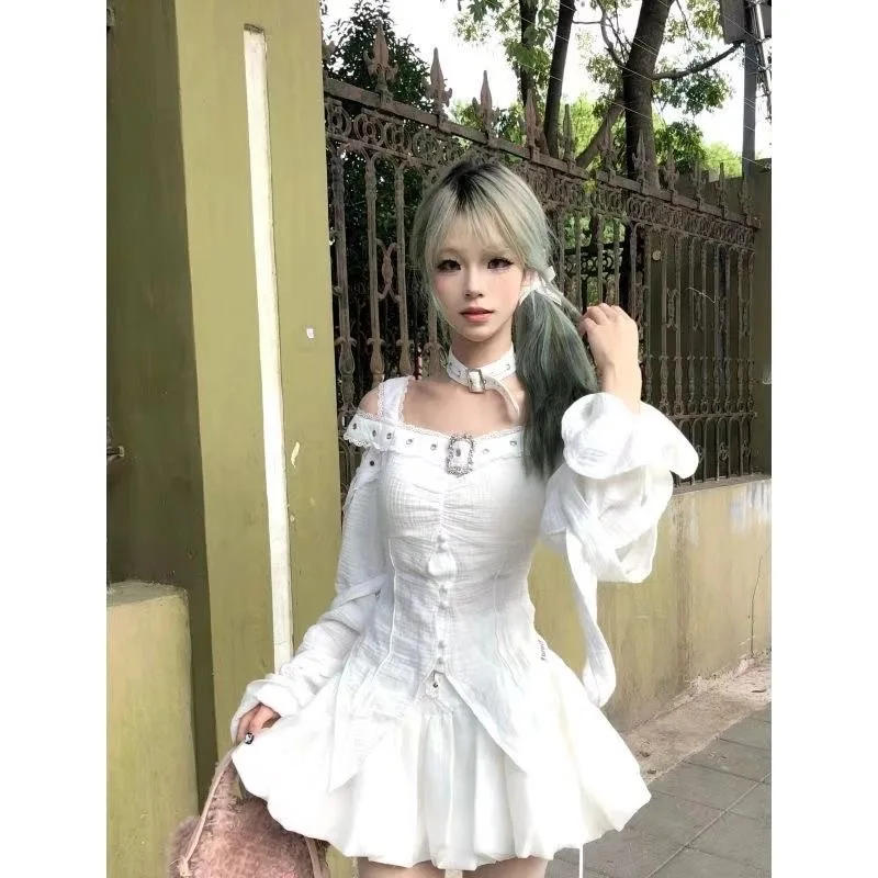 

Gothic Clothing Summer New Hotsweet Girls Lace Subculture Ruffled Chic Design Off The Shoulder Tops and High Waisted Skirt Sets