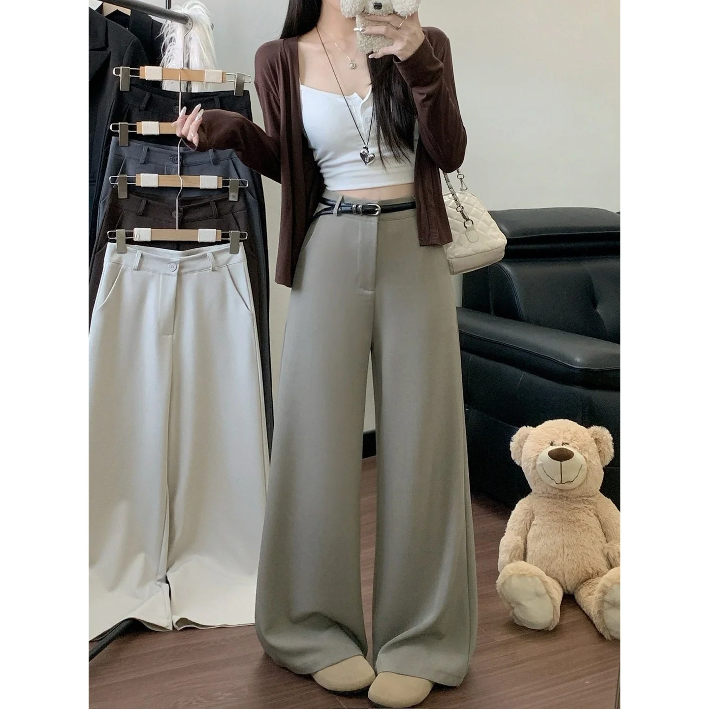 

High Waist Wide Leg Pants Women's Loose Fit Khaki Color Autumn Winter Faion Ele Sle plus Size Straight Leg Trousers