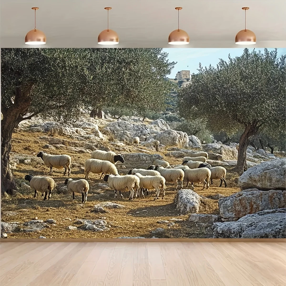 Rustic Sheep Flock Landscape Wall Tapestry Mediterranean Boho Farmhouse Decor Natural Olive Grove Photography Art Print Canvas H