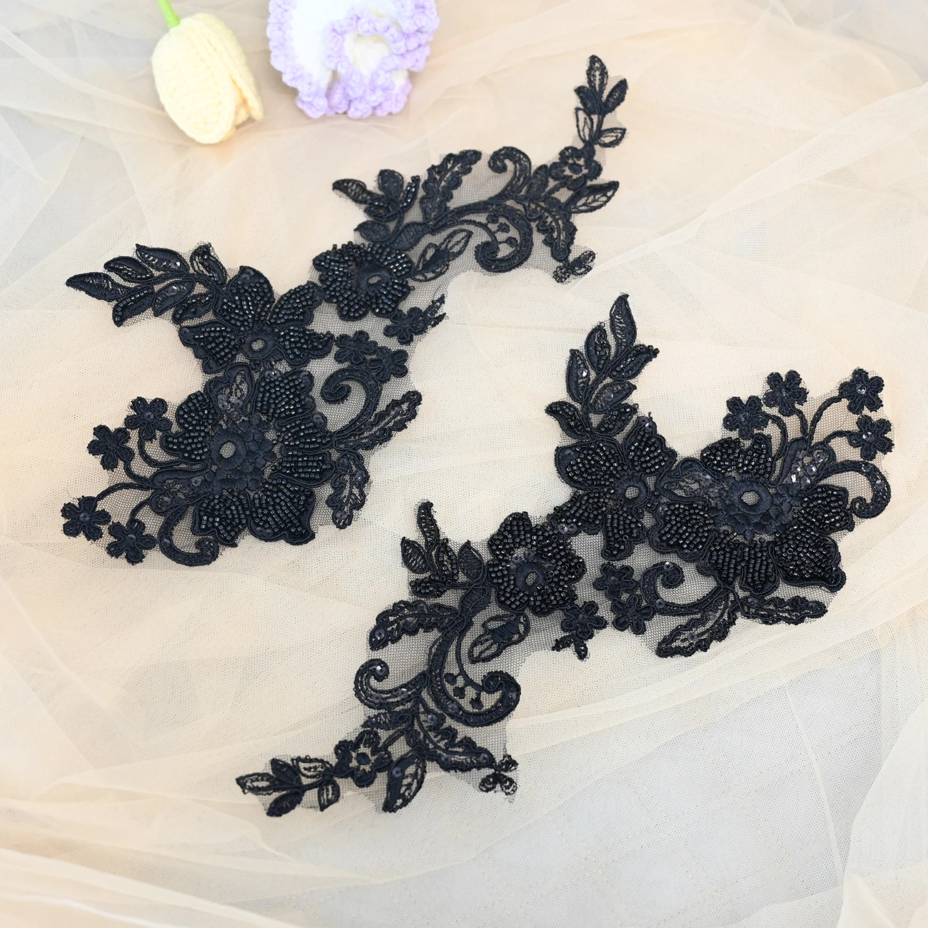 

2 pieces of black bead decoration sequin embroidery lace wedding dress dress dress wedding shoes DIY decorative lace accessories
