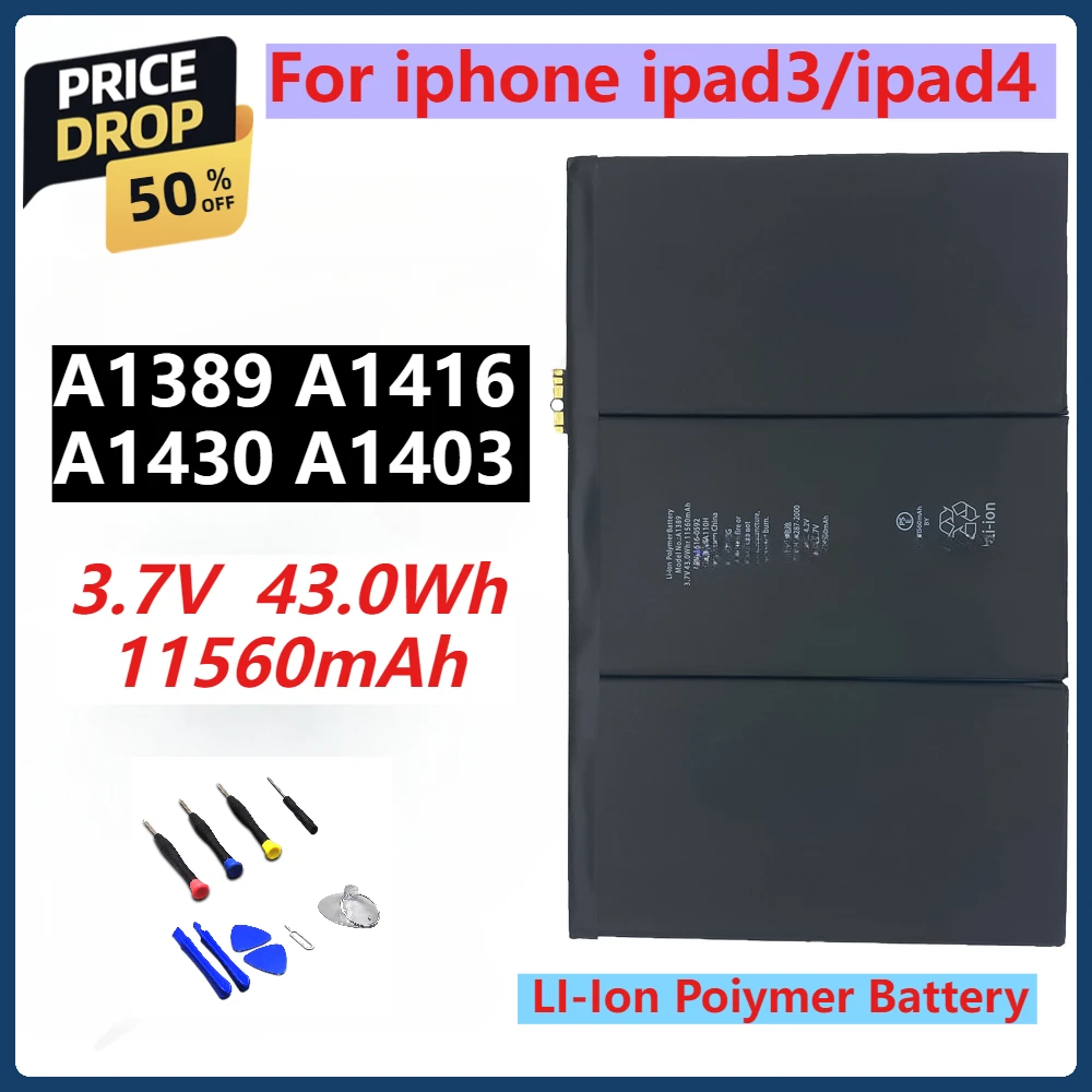 New A1389 11560mAh High-capacity Tablet Battery for IPad3 IPad4 A1458 A1403 A1416 A1430 A1433 A1459 A1460 Installation Tool