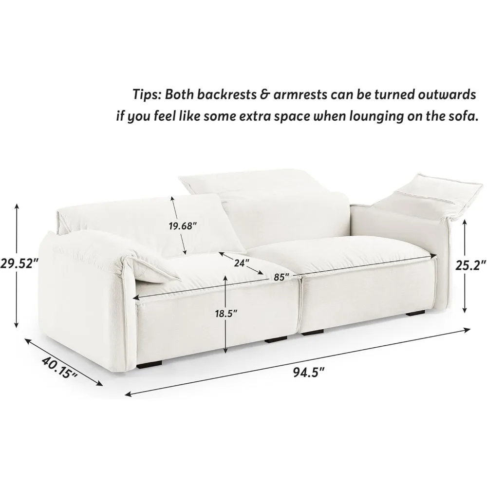 Sofá Loveseat de gran tamaño, sala de estar de lujo, contemporáneo, cómodo, fácil de montar, blanco, 94,5"