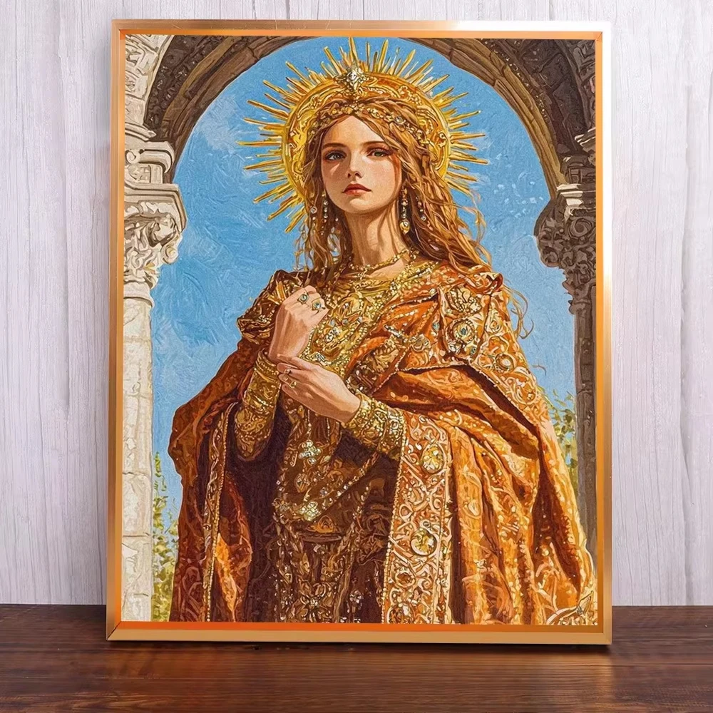 Frameless DIY Golden Halo Saint Lady Diamond Painting, Ornate Vintage Noble Female Portrait For Living Room Wall Decoration Gift