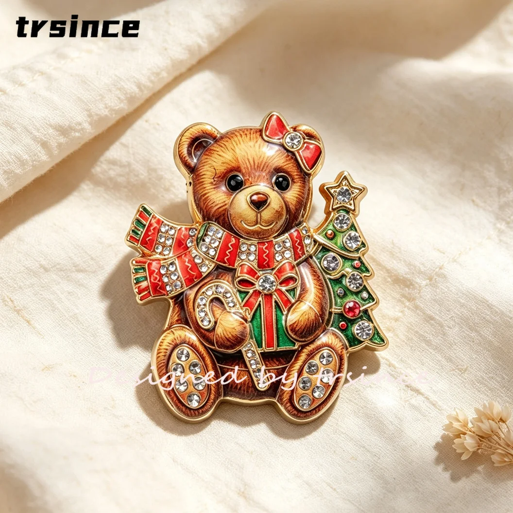 Vintage Christmas Teddy Bear Brooch Rhinestone Enamel Lapel Pin Cute Bear Xmas Tree Candy Cane Brooch Women Suit Accessories view 2