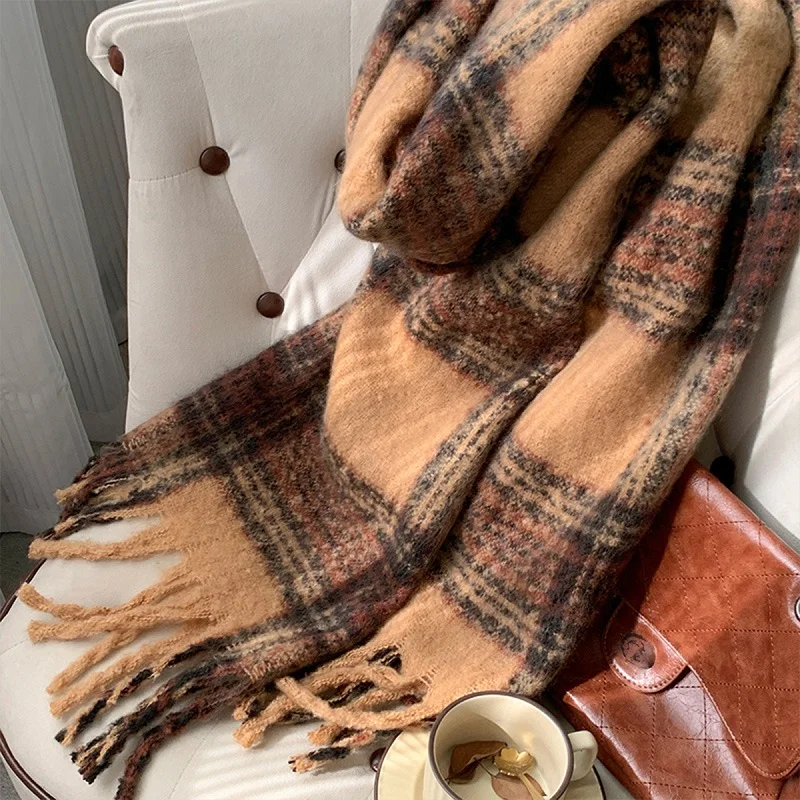 Plaid Striped Cashmere Scarf Shawl Brown Tassel Neckerscarf Women Winter Warm Blanket Stoles Thick Pashmina 2024 Fashion Scarf