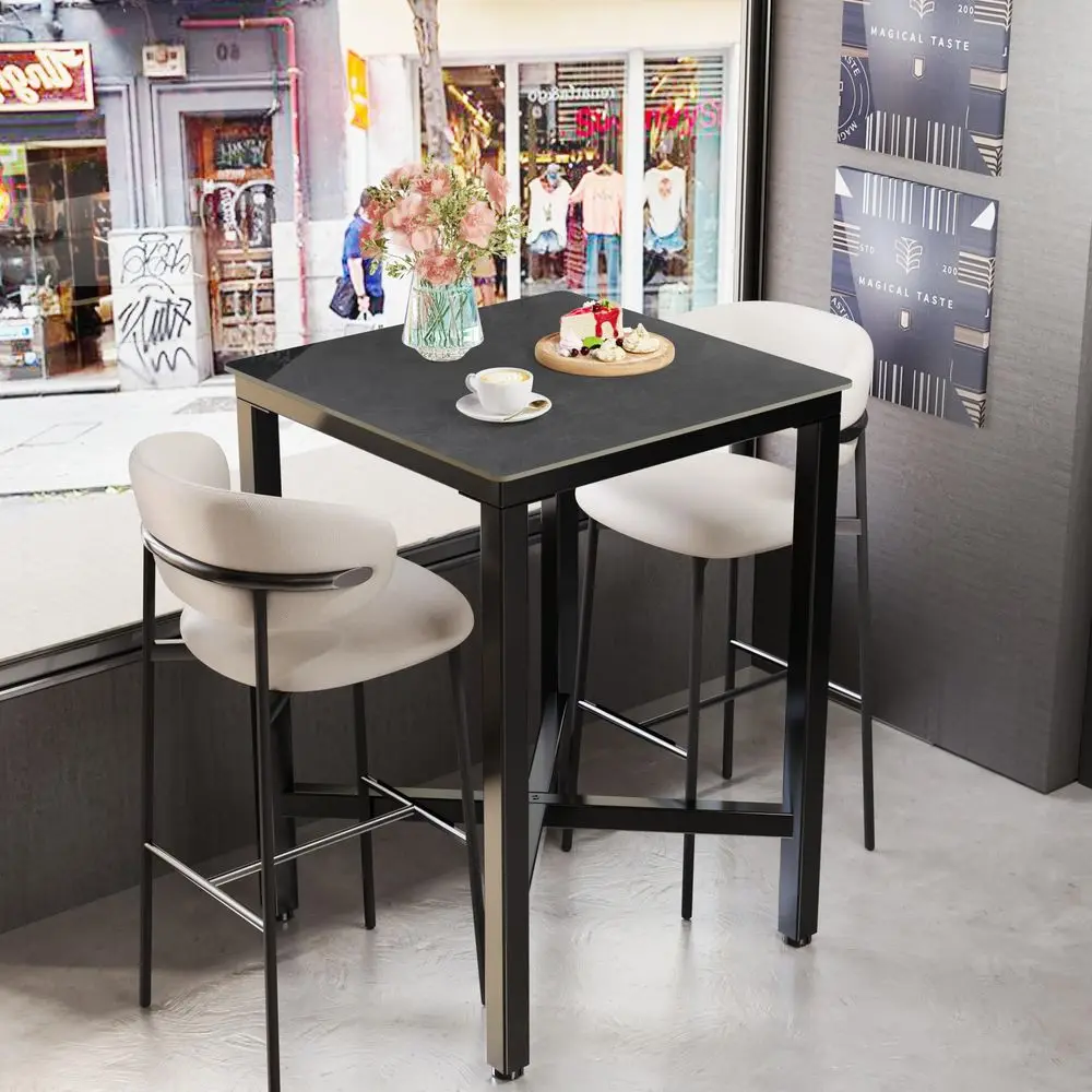 

Sintered Stone Bar Table Black Mixed Grey Counter Height Dining Tables with Black Metal Frame High Top Pub Bartables for Narrow
