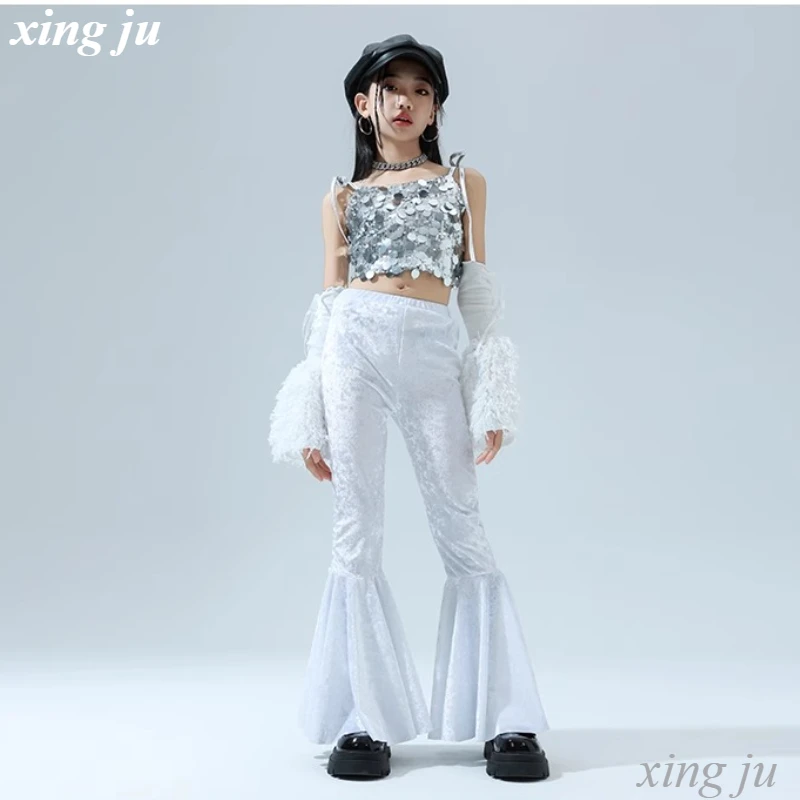 Children Jazz Dance Silver Sequined Sling Tops Girl Street White Tight Flared Trousers Kids Hip Hop Stage Performance Costume