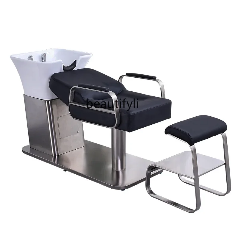 

Shampoo bed Barber shop special semi-reclining head treatment bed Stainless steel simple ceramic basin Shampoo massage bed