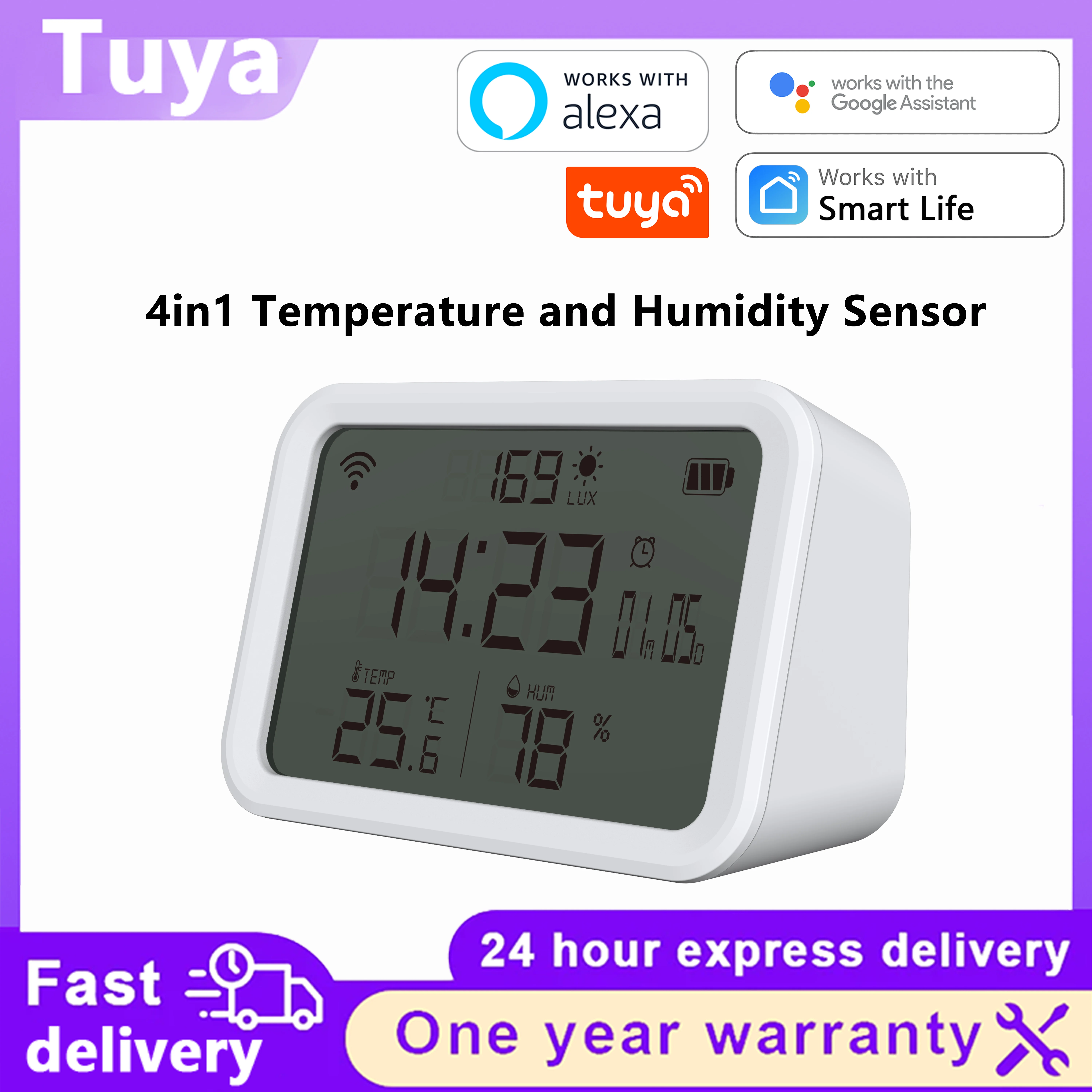 Tuya WiFi 4in1 Temp Humidity Illuminance Sensor Home Environment Monitoring Detector APP Alert Smart Scene Linkage Voice Contro