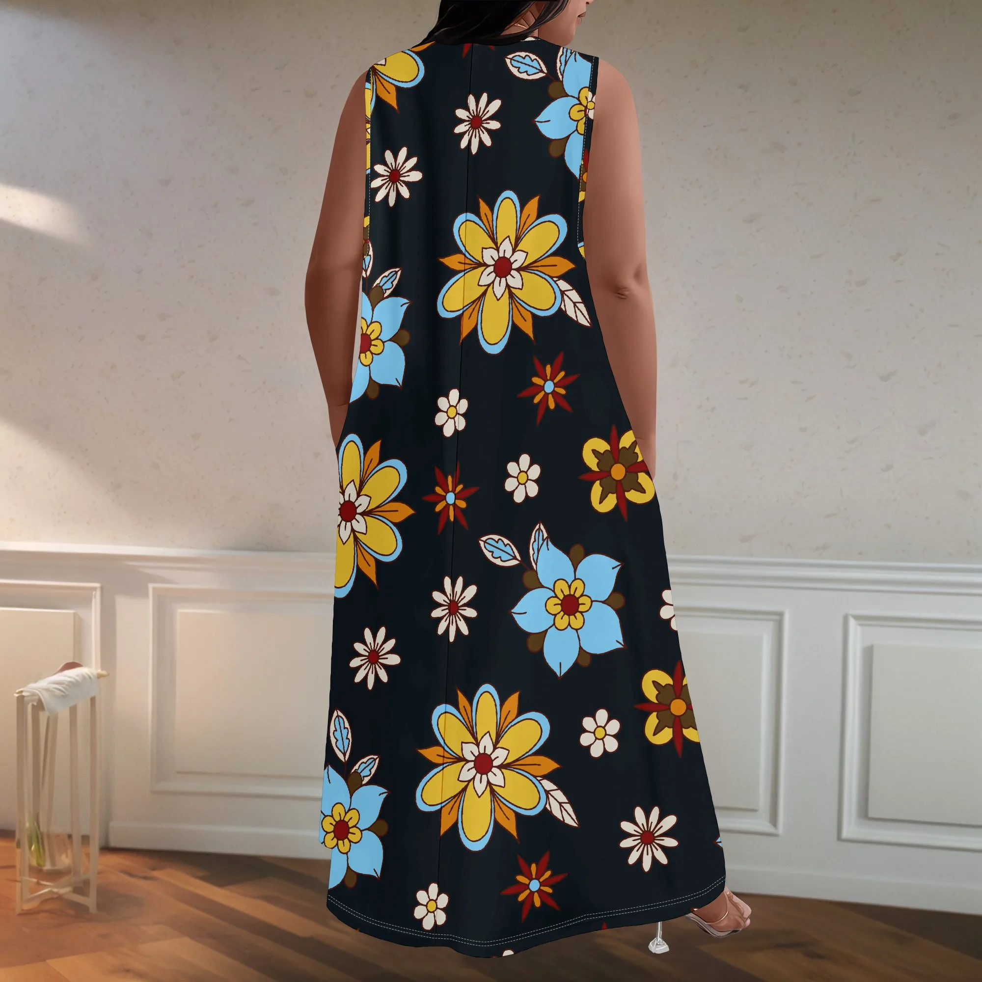 プラスサイズの女性の夏のファッションプリントアフリカスタイルノースリーブラウンド V ネックドレスルーズでカジュアルなドレス