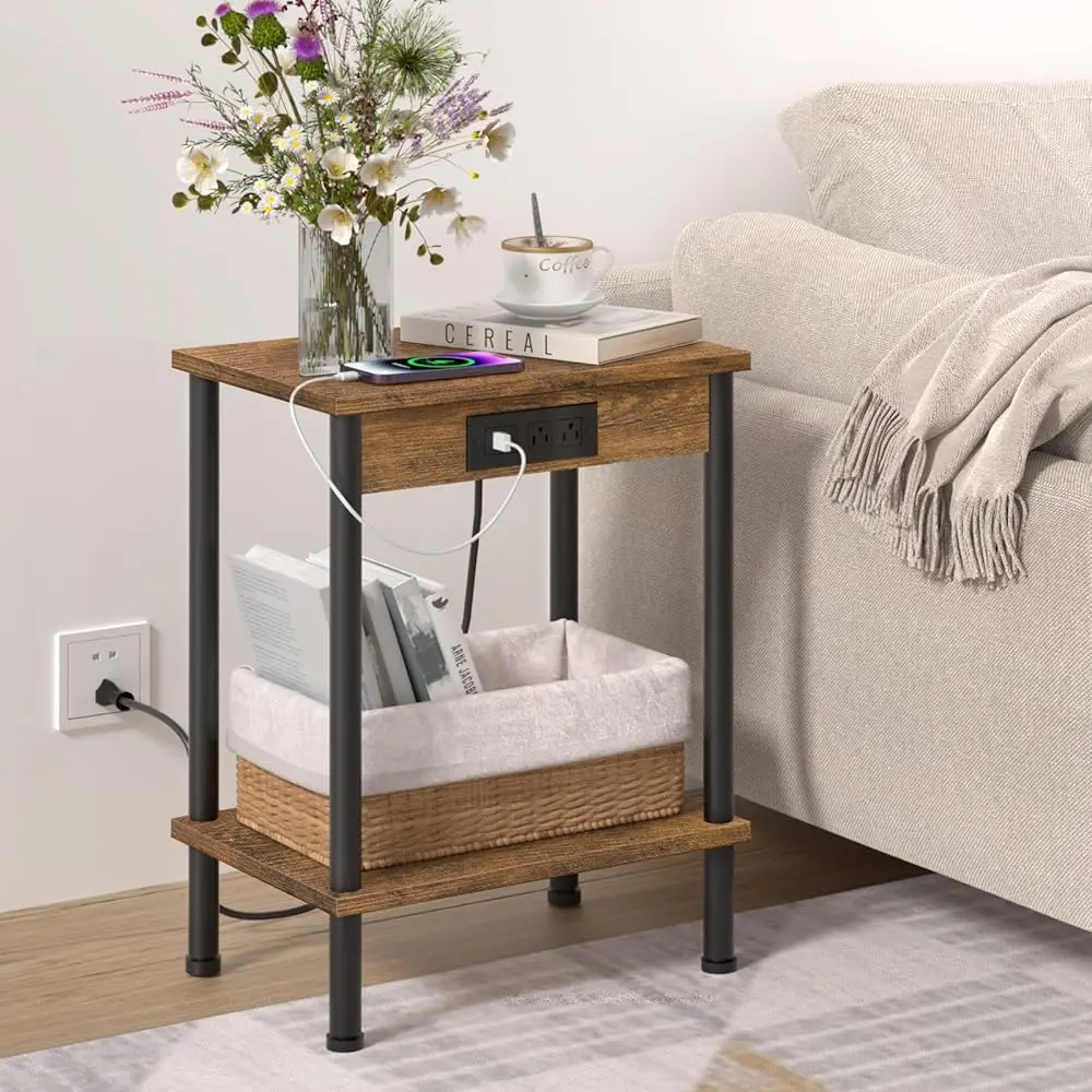 

End Table With Charging Station,Small Side Table,2-Tier Nightstand With Storage Shelf,Sofa Bedside Table For Small Spaces In