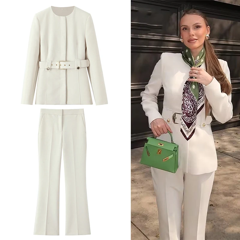 

Расклешенные брюки, комплекты из двух предметов, женские модные брюки с длинным рукавом и поясом, пиджак, пальто, брюки, женский костюм, новинка 2025, женская одежда