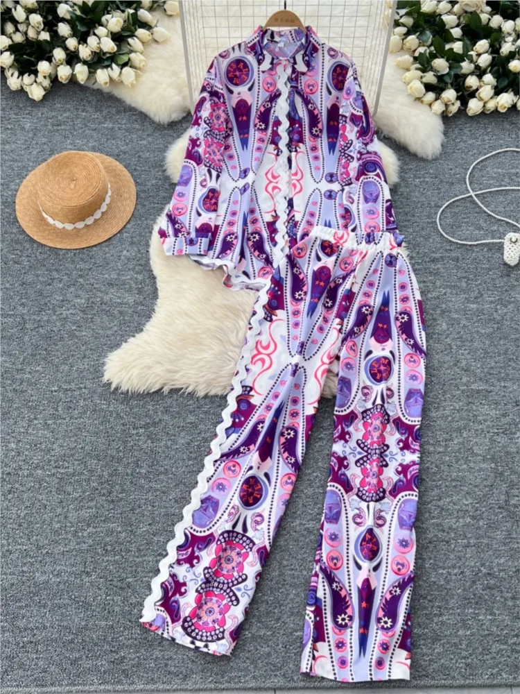 Elegant and Chic Print Women Two Pieces Set Autumn Vintage Shirts Tops Wide-Leg Pants Outfits Female Boho Holiday Trousers Suits