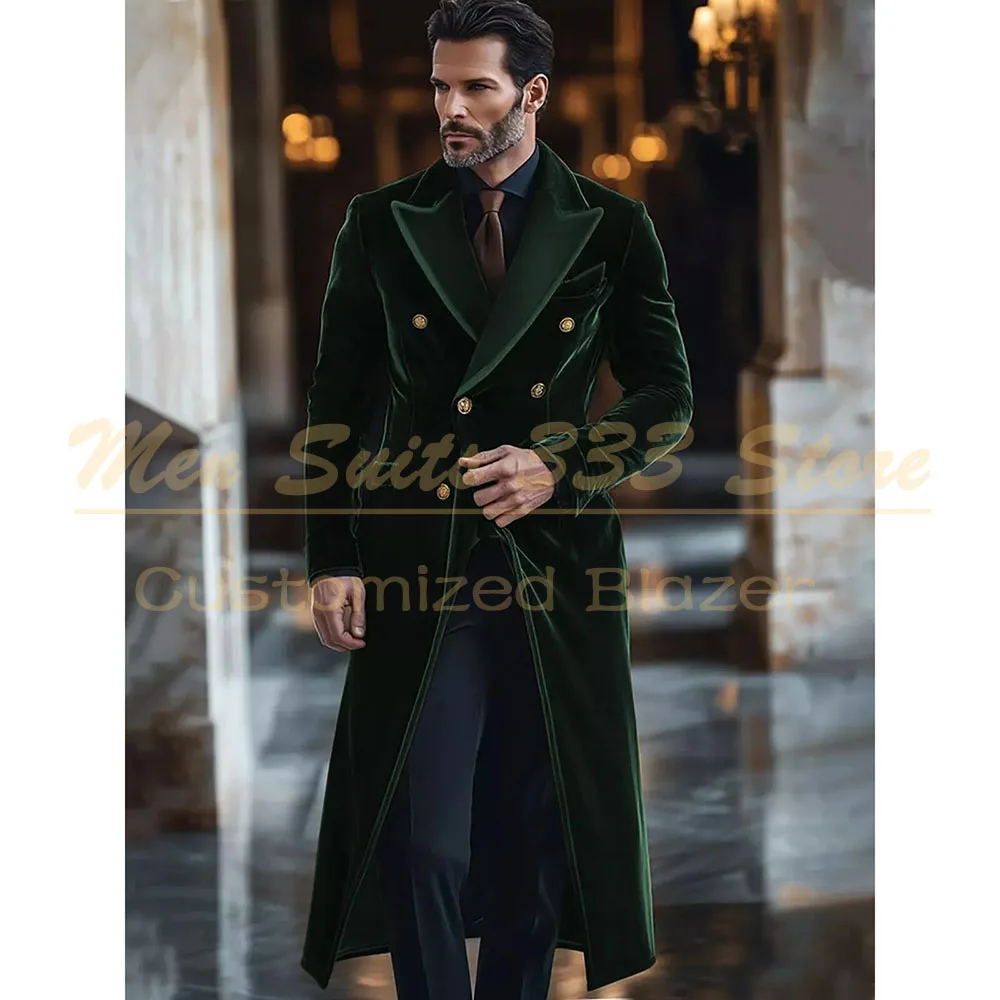 

KSDN Customized Smoking Blazer Men's Suits 1 Piece Only Jacket Fashion Double Breasted Peak Lapel Velvet Long Outfits Costume