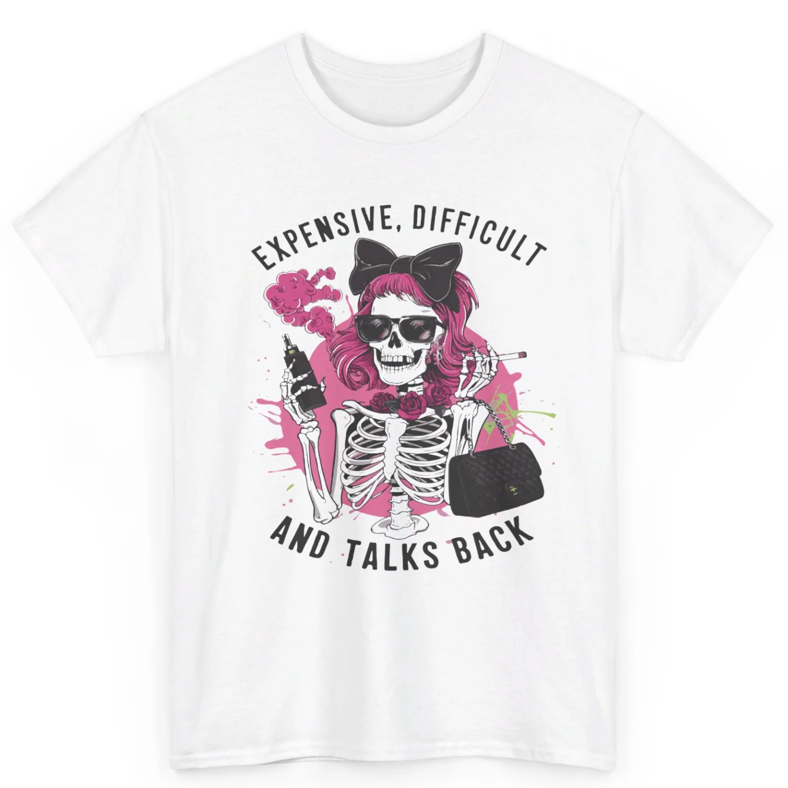 Expensive Difficult Talks Back Vaping Skeleton Girl Pink Hairs Unisex Cotton Tee