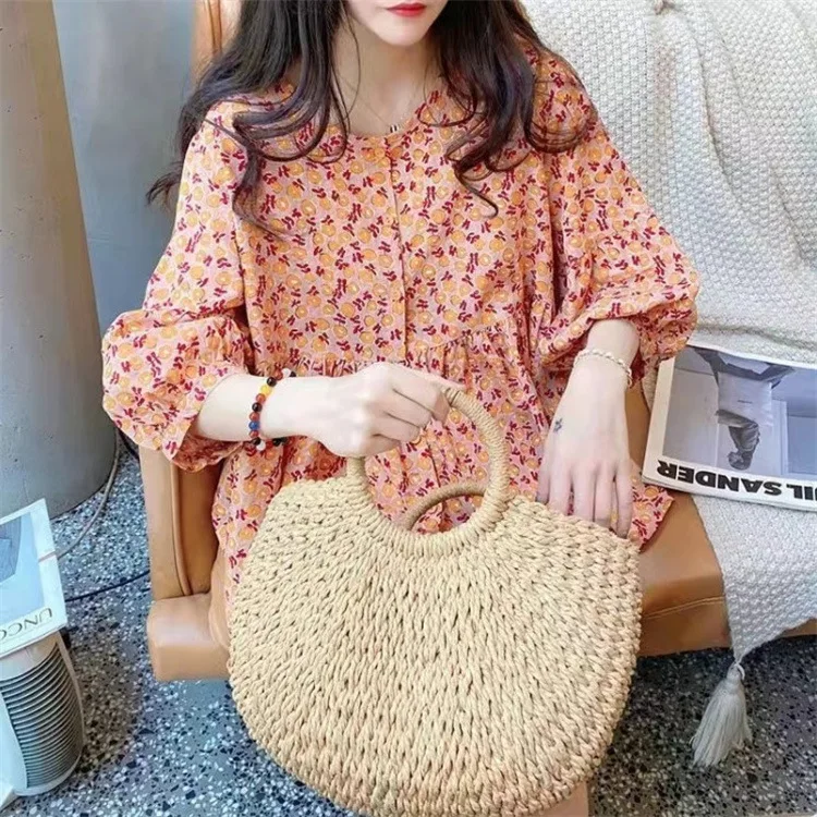 Green Ditsy Floral Print Babydoll Blouse Women Round Neck Puff 3/4 Sleeve Loose Peplum Hem Casual Shirt