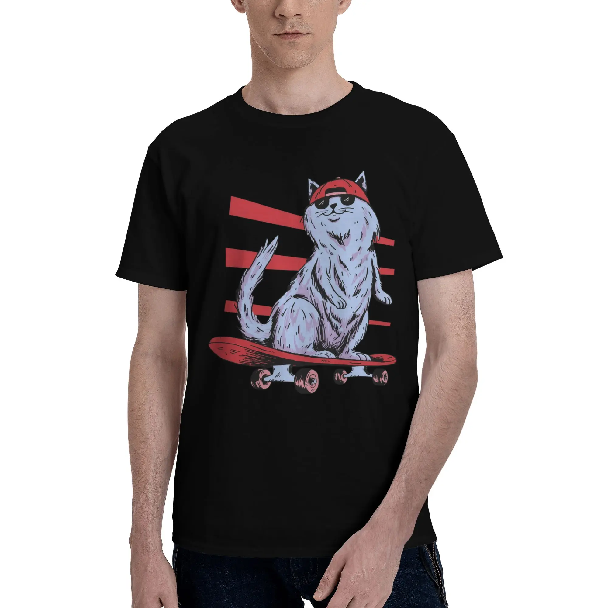 Футболка с круглым вырезом для любителей кошек и скейтбординга Basic Cat And Skateboard Enthusiasts |   Хлопковая одежда Pure Cotton Cool Skate Cat с возможностью индивидуального дизайна |   Печать логотипов/слоганов