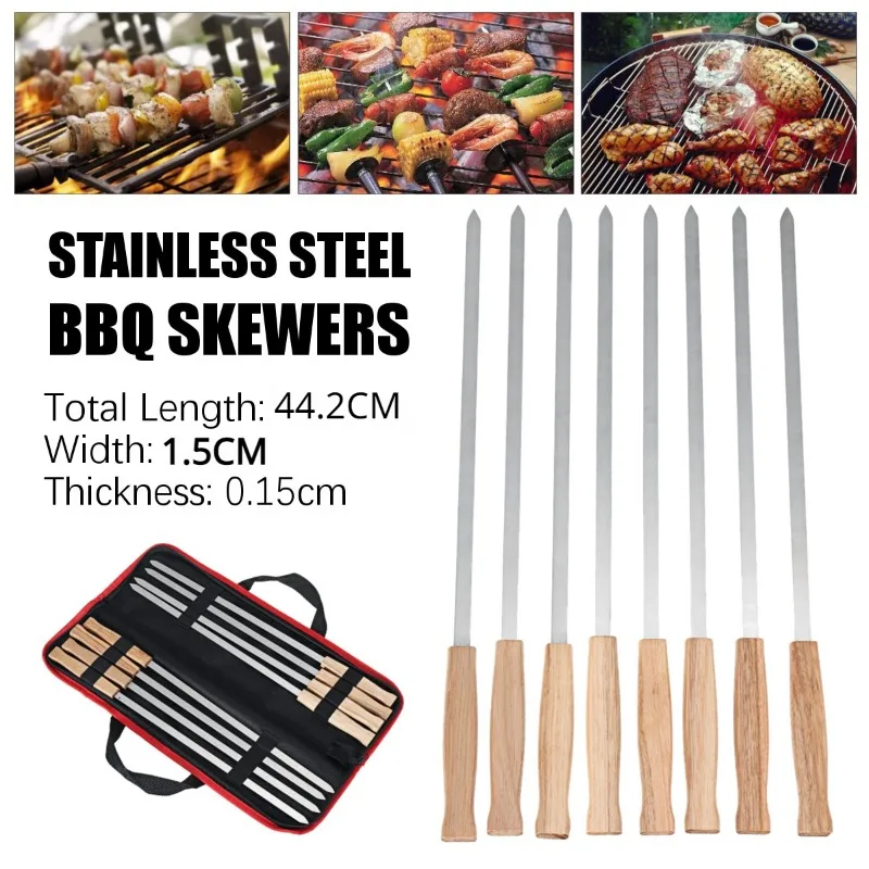 8PCS/Set Stainless Steel Wire BBQ Skewers Wood Handle Grill Roasting Sticks Outdoor Camping BBQ Tools Storage Bag Cook Supplies