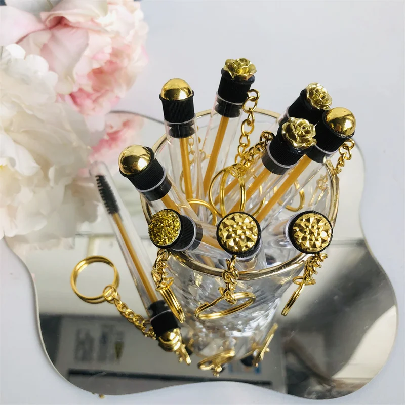 Cepillos de pestañas dorados, carretes, varitas de rímel de pestañas reutilizables en tubos, contenedor de peine para cejas, herramientas aplicadoras con llavero