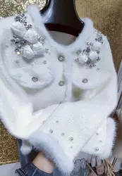 Luxury 3D Flowers Pearls Stitch Faux Fur Thick Short Sweater Cardigan Women's Autumn Winter Knitwear Short Jacket Coat Clothes