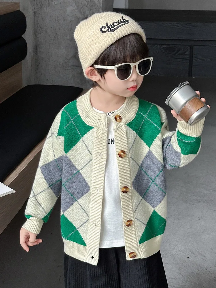 Autumn winter Boys Clothes Casual Cardigan diamond check Boys Soft Coats Children Sweaters kids Knit Jackets Full Sleeve 2-10Yrs