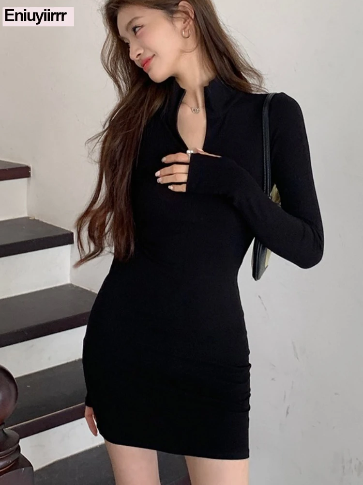 2025 Autumn Basics Club Wrap-around Bodycon T-Shirt Dress Woman Long SleeveSlimming Little Black Sexy Sheath Mini Dresses