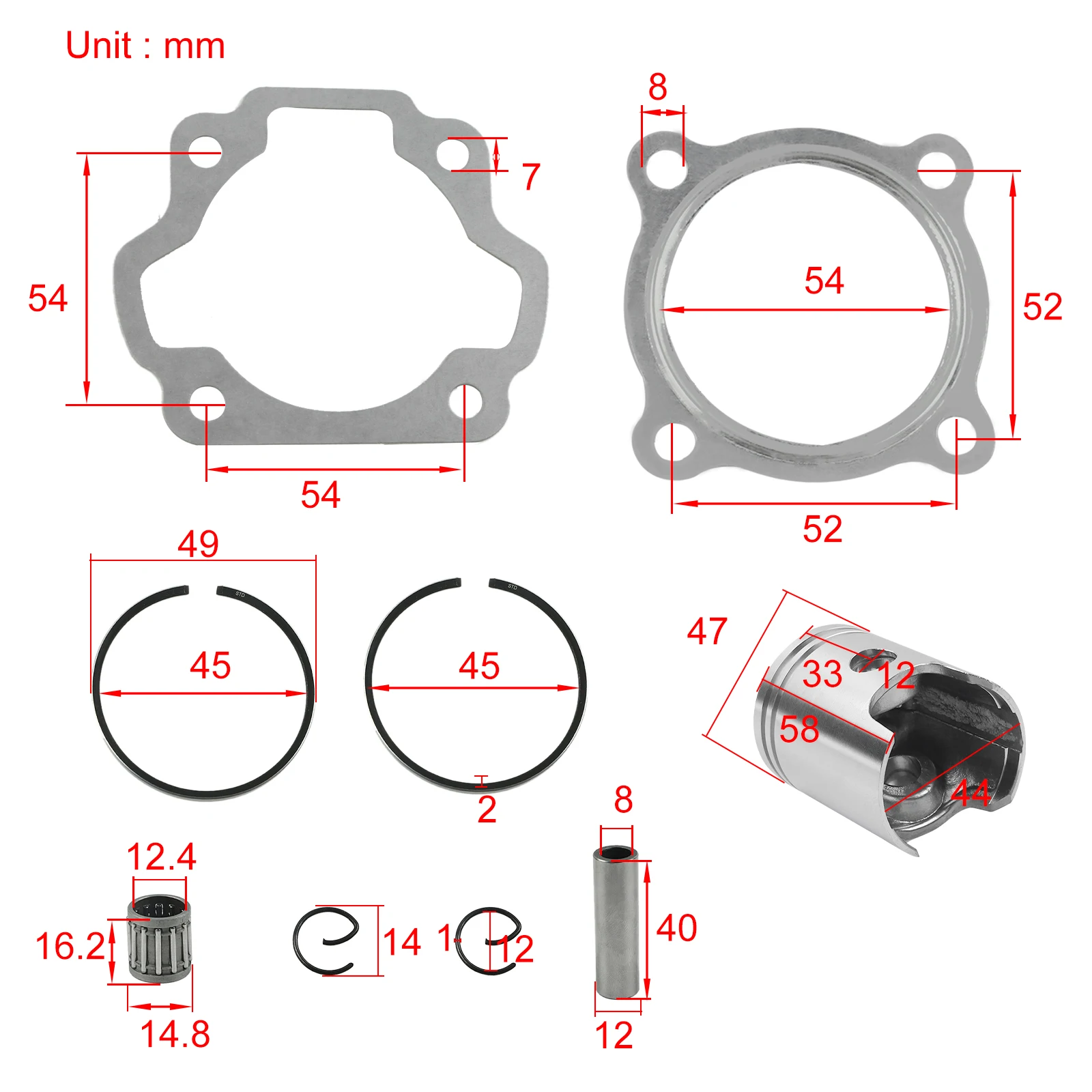 47mm Cylinder Piston Rings Gasket Pin Kit for Yamaha PW80 PW 80 PY80 YZinger PEEWEE 80 YZ80 Dirt Bike 1983-2006