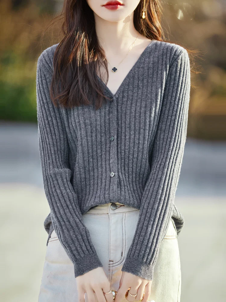 Aliselect Long Sleeve Cashmere Women Cardigan Knitted Sweaters 100% Pure Merino Wool Tops Spring Autume V-Neck Clothing Knitwear