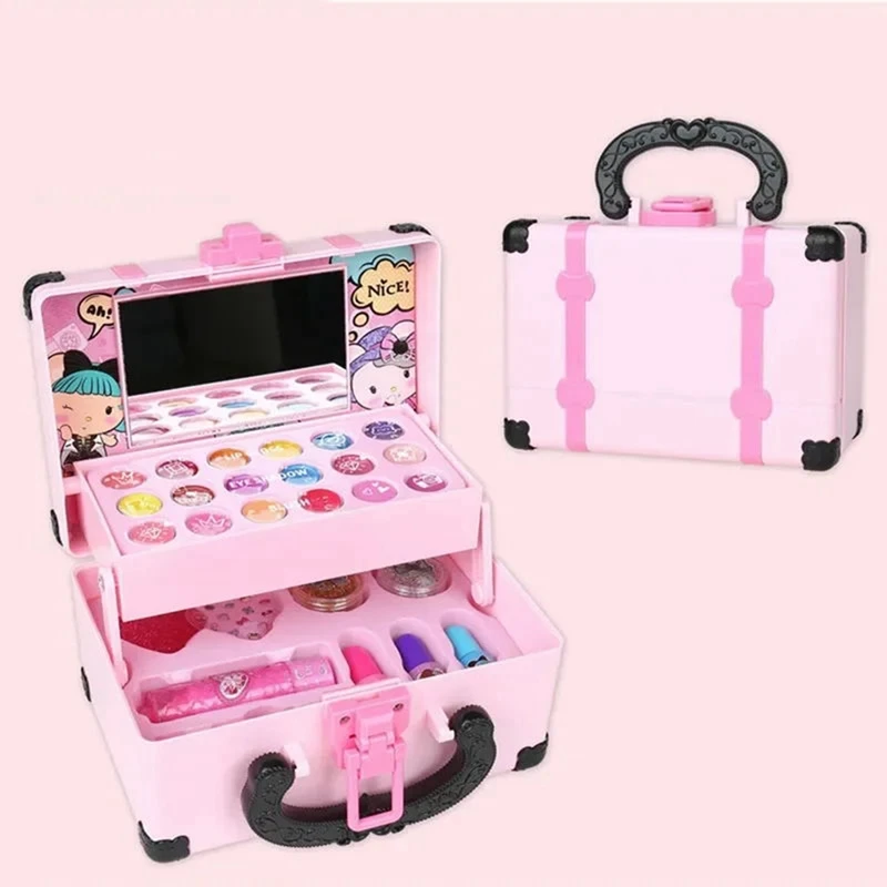 Kit per trucco per bambini per ragazza Giocattolo cosmetico Set di bellezza Rossetto Ombretto con scatola per trucco portatile Set di giocattoli per trucco per bambini