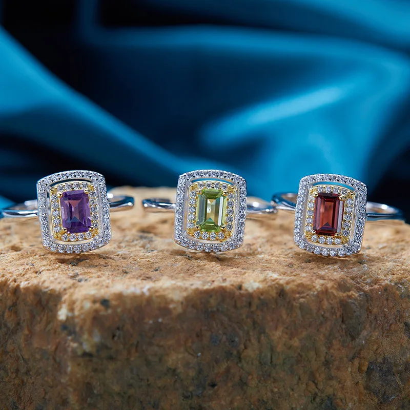 

S925Pure Silver Natural Yellow Crystal Amethyst Gemstone Ring for Women Color Separation Index Finger Ring Couple Ring Light Lux