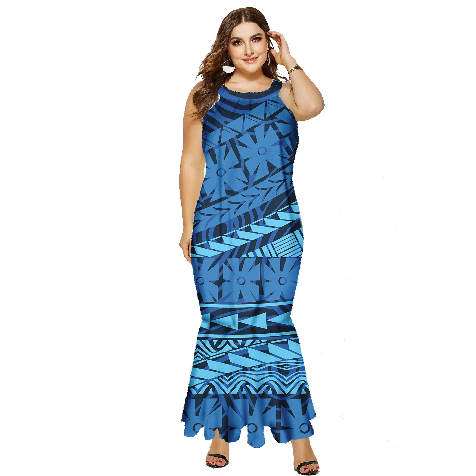 Casual Long Fishtail Dress Pacific Island Art 7XL Trendy Sleeveless Mermaid Dresses For Party