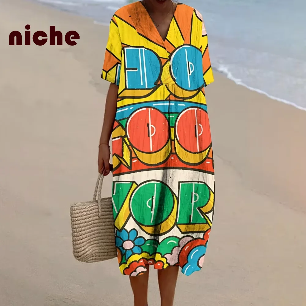 

Ladies Dress Color Cartoon Chic Letter Graphic Printing High Quality Bamboo Hemp Fabric Loose Fashion Beach Long Skirt