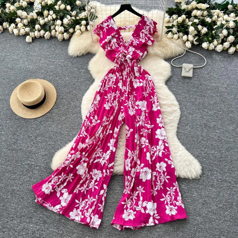 HKSH Estate Nuove Donne Alla Moda High Street Vintage Ruffles Profondo Scollo A V Vita Cinching Pieghettato Stampato Chic Flare Tuta HK7646