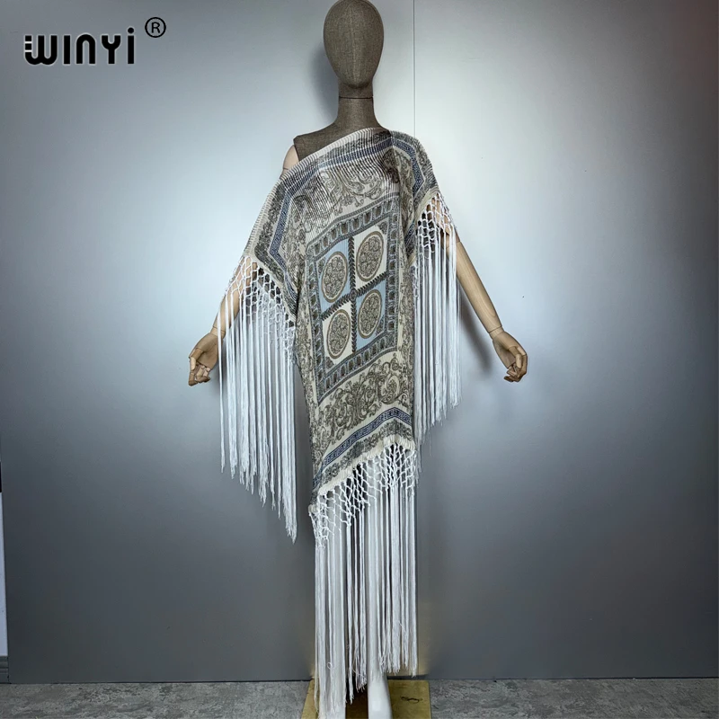 WINYI, vestido plisado de verano con flecos, caftán arrugado a la moda para mujer, bata bohemia holgada para vacaciones, vestido de noche elegante abaya de lujo de Dubái